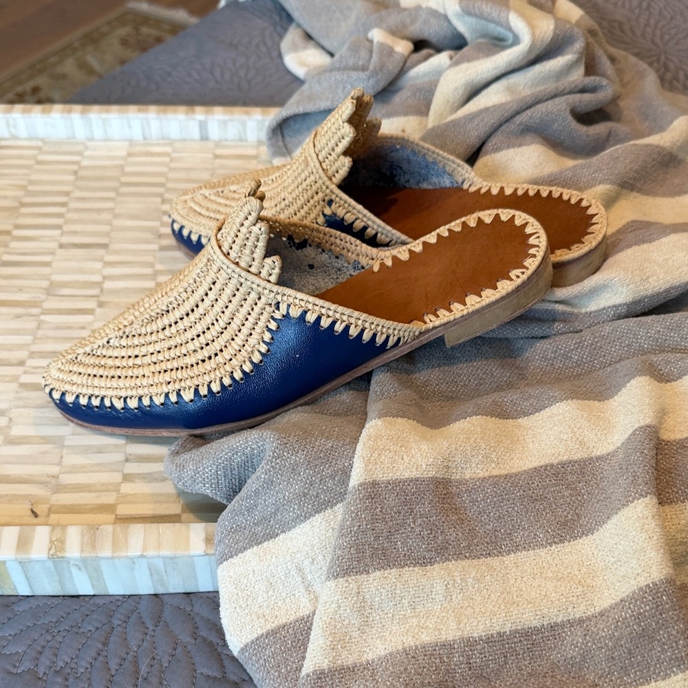 Handcrafted Blue and tan raffia Mules - Picture 3 of 6